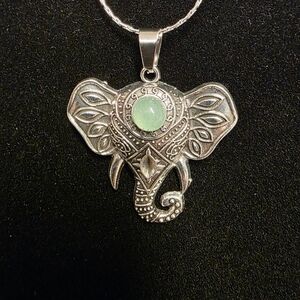 Silver Elephant Pendant Necklace with Green Stone